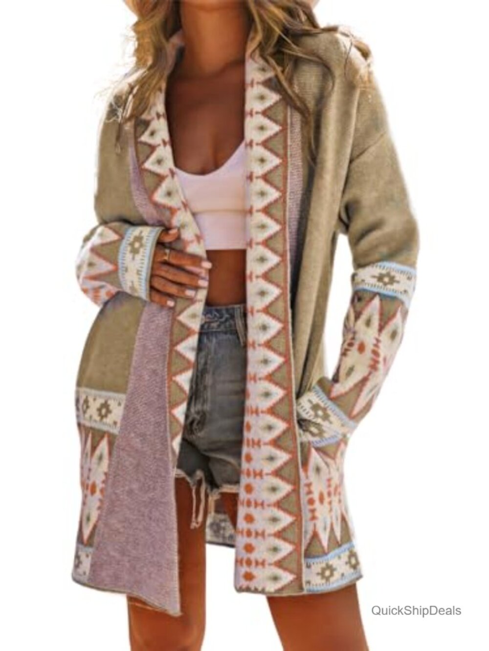 Aztec Tribal Print Jacquard Knit Open Front Cardigan Long Sleeve Boho Sweater